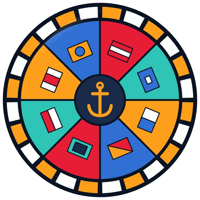 Round stained-glass window with eight signal flags in red, blue, aqua and orange around an anchor